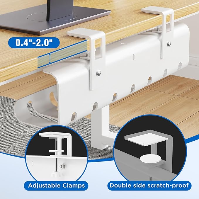 Under Desk Cable Management Tray No-Drill 2 Pack 16.9‘’ Wire Cord Organizers, Cable Management Under Desk for Home and Office No Damage White