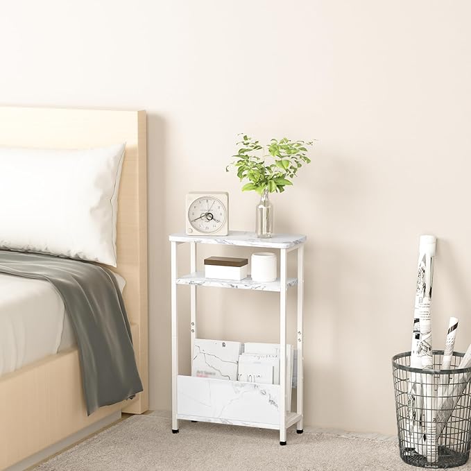 THUMEYE 7.1" Narrow Side Table for Small Spaces, 3 Tier Small End Table with Magazine Holder, Slim/Skinny Nightstand/Bedside Table, 15.4" L x 24.2" H, Faux White Marble with White Legs
