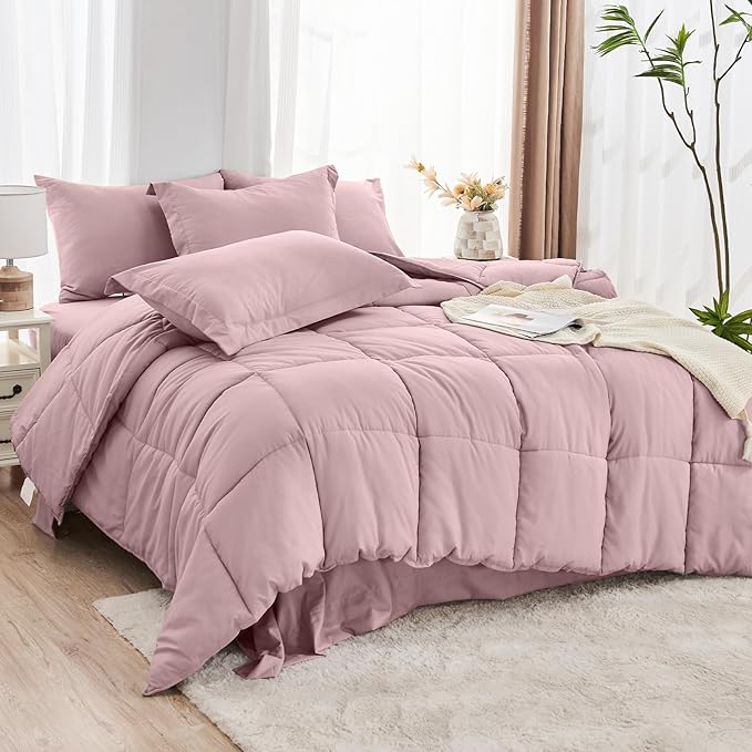 JOLLYVOGUE Full Comforter Set, Ultra-Soft Bed in a Bag Full Size 7 Pieces, Oeko-TEX Certified Bedding Set with Down Alternative Comforter, Sheets, Pillowcases & Shams, Camio Pink