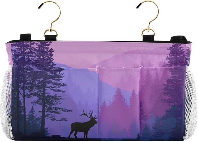 Bedside Caddy Hanging Bunk Bed Caddy Bed Organizer Hanging Pocket with 2 Hooks Bedside Storage Organizer Pocket Bag Holder Purple Stag Mountains and Forest