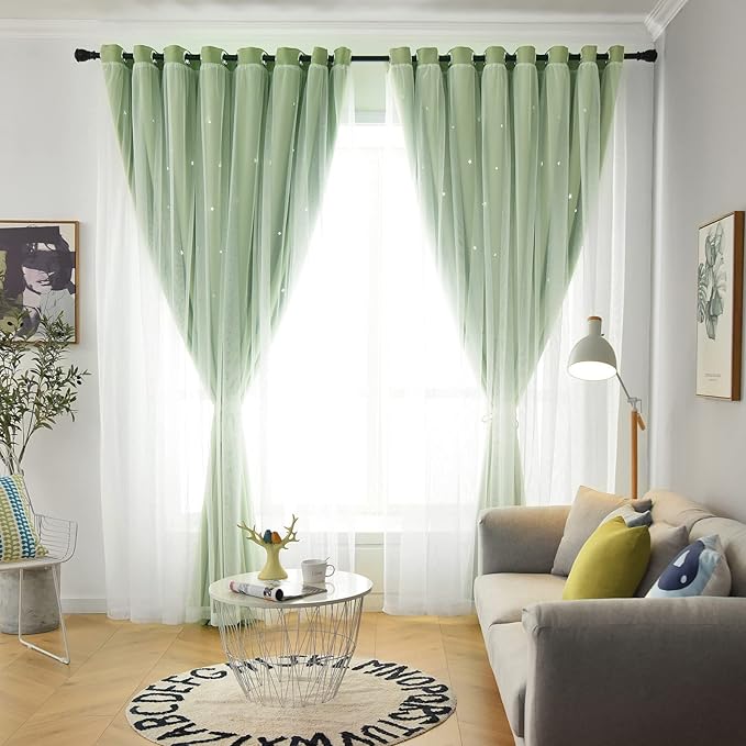 Stars Double Layer Blackout Curtains for Bedroom Kids, 72 Inches Long 2 Panels Set, Green