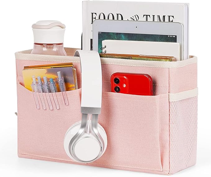 Retyion Bedside Caddy Bedside Storage Organizer Hanging Bunk Bed Dorm Room with Side Pockets for Water Bottles, Books, Cell Phones, Headphones (Pink)