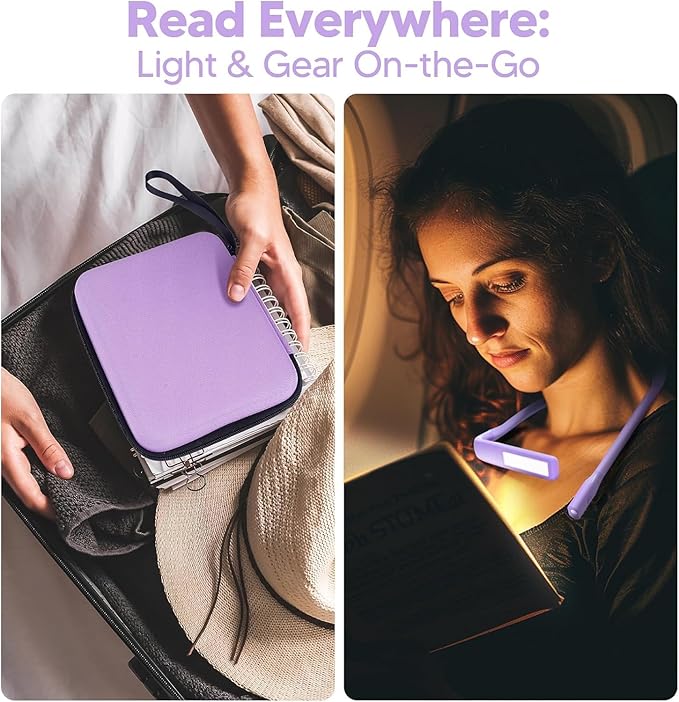 Purple Neck Light with Storage Case, 10-80Hrs Eye-friendly Book Reading Lamp, Knitting Crochet Sewing Craft Light Rechargeable Adjustable, Christmas Birthday Gifts for Book Lovers Knitters Crafters