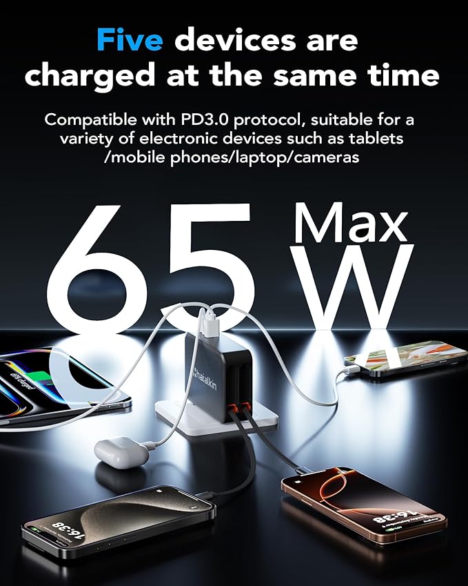 65W for MacBook Pro Charger,5-in-1 Retractable Wall Charger Plug for iPhone 17, Dual 3.94 ft PD USB C Cable&3 Ports, Fast Charging Block for Mac Book Pro/Air, M1 M2 M3 M4, iPad Pro,Galaxy,Pixel