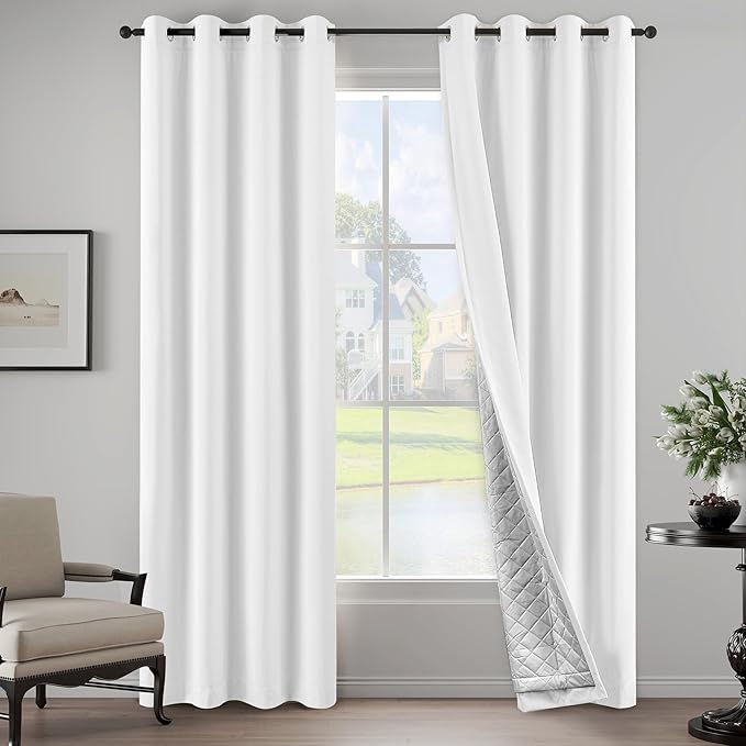 White Noise Canceling 3-in-1 Heavy Curtains 100% Blackout Curtains Grommet Doorway Curtains for Bedroom Living Room Energy Saving Thermal Insulation Winter Drapes (1 Panel, White, 50" x 84")