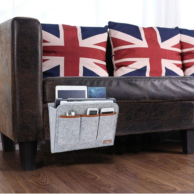 Bedside Caddy, 6 Pockets Large Size Bedside Storage Organizer Bedside Organizer Caddy for Magazine Remotes Phone (13.4'' x 18.1'', Light Grey)