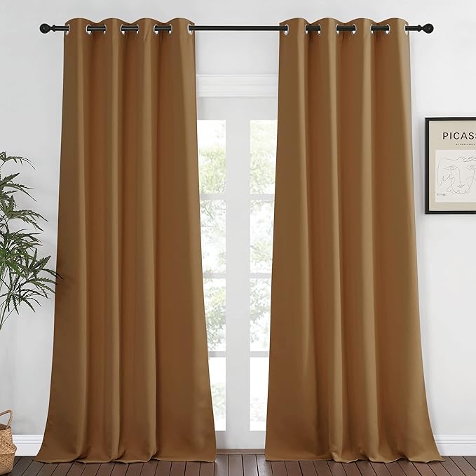 NICETOWN Blackout Window Curtain 90 inch Length - Room Darkening Thermal Insulated Grommet Large Window Treatment Light Blocking for Bedroom/Doorway (Gold Brown, 1 Panel, W52 x L90)