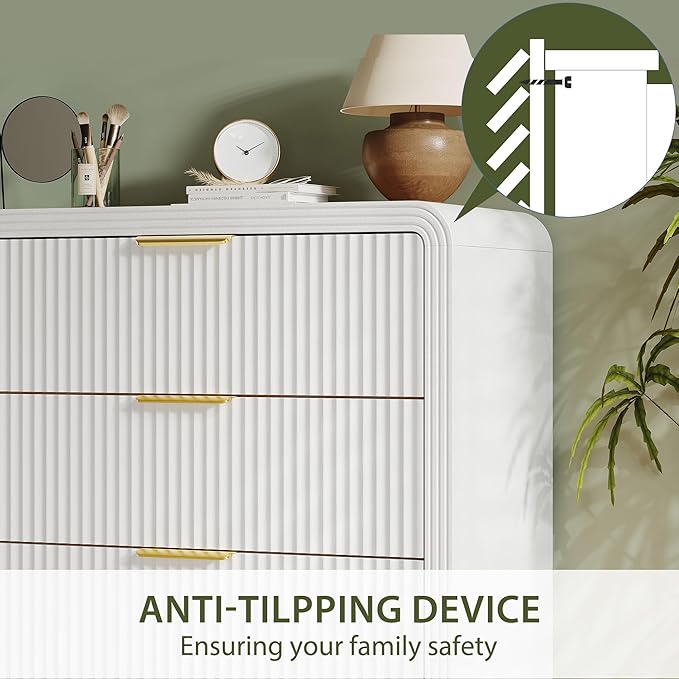 Fluted 5 Drawers Dresser, 48" Tall Modern Chest of Drawers with Round Edge & Metal Handle, Wood Drawer Organizer for Living Room, Bedroom, Entryway, Hallway (White)