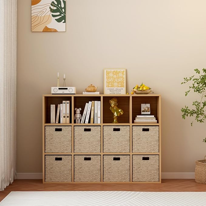 OSCHF 12-Cube Storage Shelf Bookcase - Wooden 3-Tier Floor Standing Open Bookshelf for Home and Office, Display Cabinet, Oak