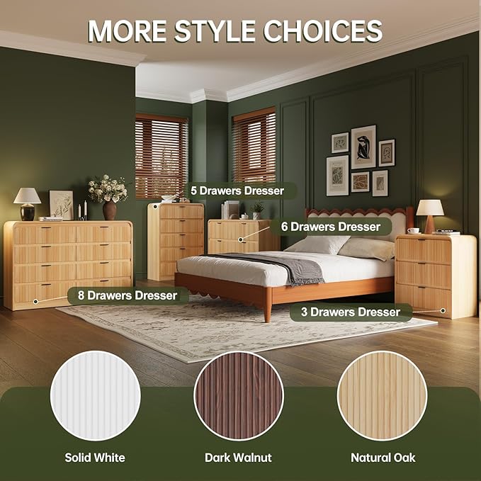 FURSUN 32" Tall Fluted Nightstand Set of 2, 3 Drawers Wooden End Table w/Storage, Curved Profile Design, Modern Bedside Table for Bedroom, Natural Oak