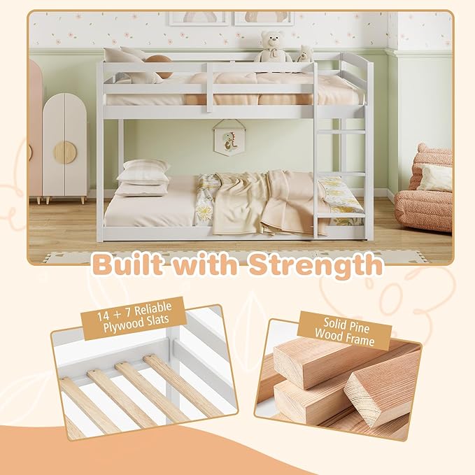 KOMFOTT Low Bunk Bed Full Over Full, Solid Wood Full Bed Frame with Built-in Ladder & Safety Guardrails, Teens, No Box Spring Needed, Space-Saving Low Bunk Bed for Kids