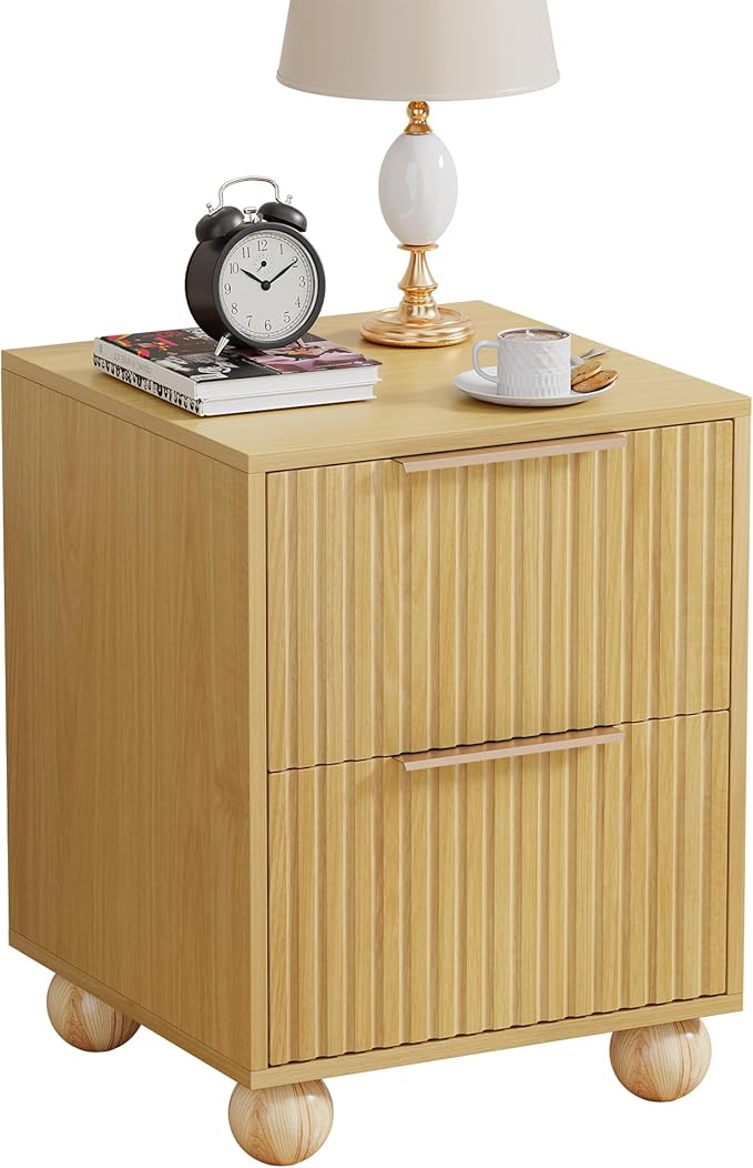 Fluted Nightstand, Natural Oak Finish Bedside Table with Spacious Storage Drawers, Night Stand with Solid Wood Round Legs for Bedroom, End Table, Side Table