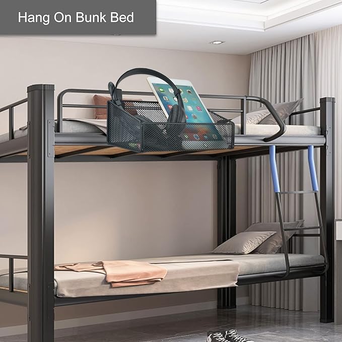MATIMASU Bedside Caddy Hanging Storage Basket Beside Shelf Metal Organizer for Collage Dorm Bunk Bed,Hospital Bed,Baby Bed - Bedroom Essentials for Magazine,Remote Control,Phone,Drinks (White)