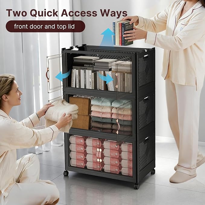 640Qt Stackable Storage Bins with Lids, 4 Pack Large Collapsible Bins with Wheels, Plastic Cabinet with Doors, Foldable Closet Organizers and Storage for Home, Dorm, Office, Black