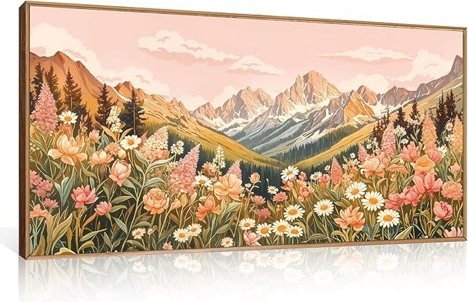 LHIUEM Large Abstract Colorful Mountain Framed Canvas Wall Art,Boho Pink Flower Wall Decor, Nature Wildflower Wall Painting,Bohemian Artwork for Living Room,Bedroom,Dining Room,Office -20"x40"x1