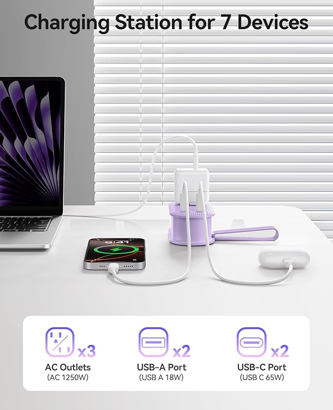 ORICO 65W USB Travel Power Strip, 7 in 1 Charging Station with 3AC, 2 USB-A, 2 USB-C, Flat Plug and 4ft Thin Extension Cord, Fast Charger for MacBook, iPad, iPhone 17/16/15 - TK65