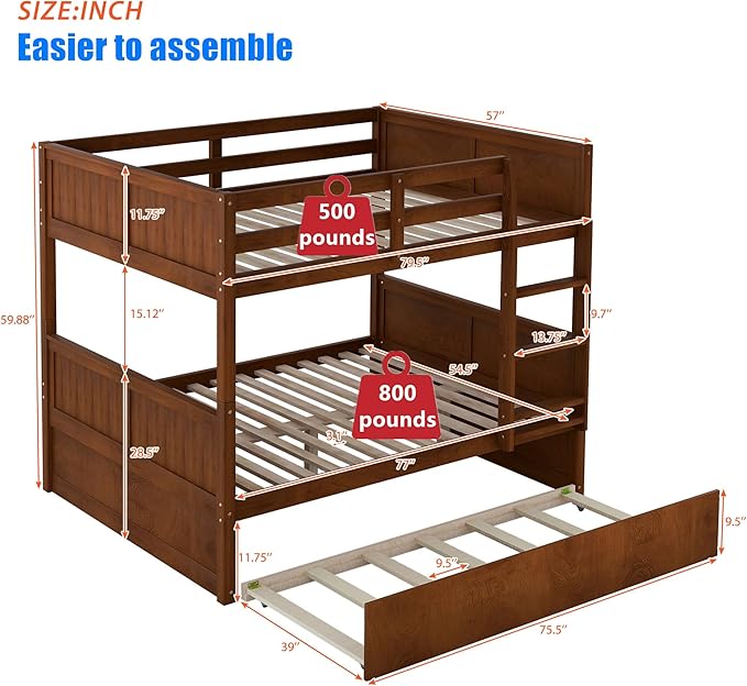 TSAMPA Latest Upgraded & Stronger Heavy Duty Solid Wood Full Over Full Bunk Bed with Trundle, Thickened Safer Convertible Bunkbed Frame (Easier to Assemble) (Walnut)