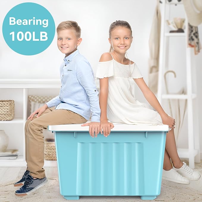 Nazhura 97 Quart Plastic Storage Bin, Blue Stackable and Nestable Storage Boxes with White Lids and Secure Latching Buckles, Large Storage Container, 97 Qt-4 Pack (Blue, 97Quart-4Pack)