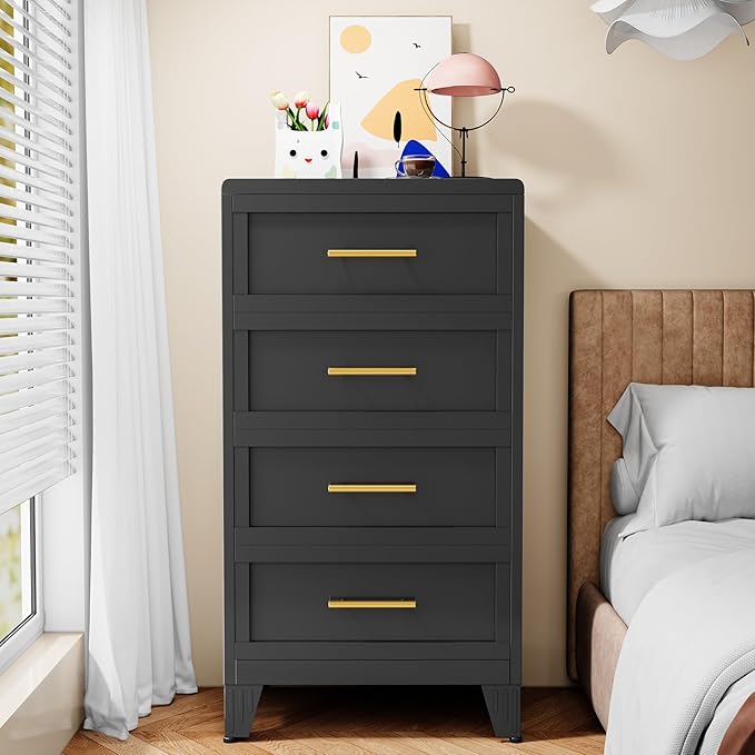 Metal Dresser for Bedroom Tall, Black Dressers & Chest of Drawers, 4 Drawer Dresser with Curved Corner, Storage Cabinet with Drawers for Living Room, Entryway, Home Office (Black, 24" W)
