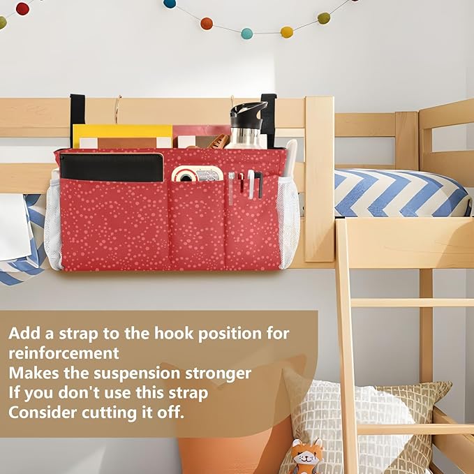 Bedside Caddy Hanging Bunk Bed Caddy Bed Organizer Hanging Pocket with 2 Hooks Bedside Storage Organizer Pocket Bag Holder Polka Dot Red