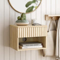 Small Floating Nightstand with Drawer, Modern Night Stand with Fluted Door and Open Storage Shelf Wall Mounted Bedside Table for Bedroom, Entryway Light Oak