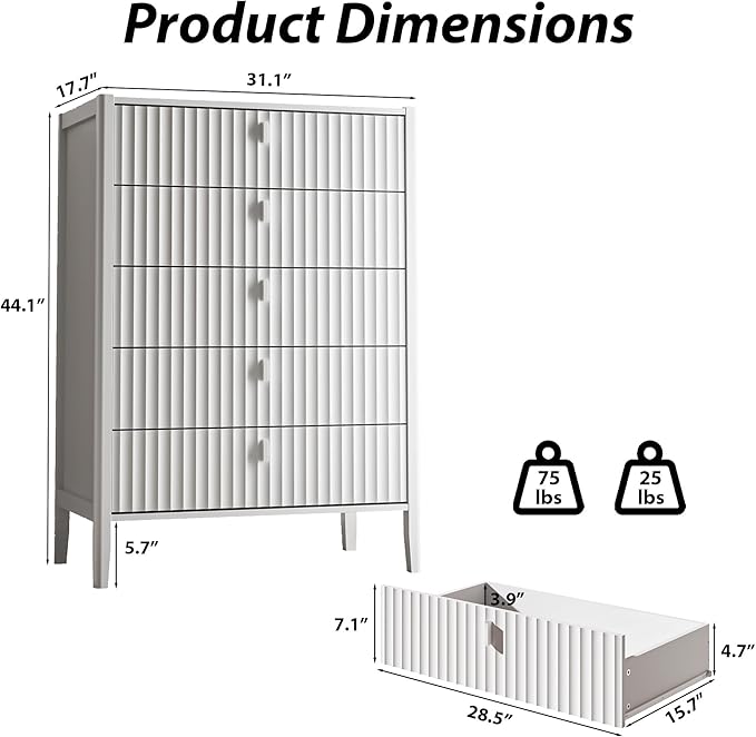 White 5 Drawer Dresser, Modern Tall Dresser for Bedroom, Fluted Wood Chest of Drawers with Deep Drawers for Clothes, Storage Cabinet for Bedroom, Living Rooms, Offices, Entryways