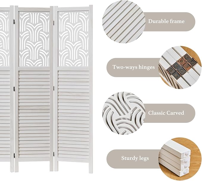 Svimi Folding Room Divider, 66.9 Inch 4 Panels Wood Carved Privacy Screens, Free Assembled Freestanding Portable Separation Wall for Home Office Restaurant Bedroom (White)
