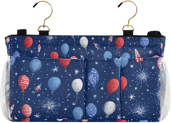 Bedside Caddy Hanging Bunk Bed Caddy Bed Organizer Hanging Pocket with 2 Hooks Bedside Storage Organizer Pocket Bag Holder Navy Blue Patriotic Balloons Fireworks