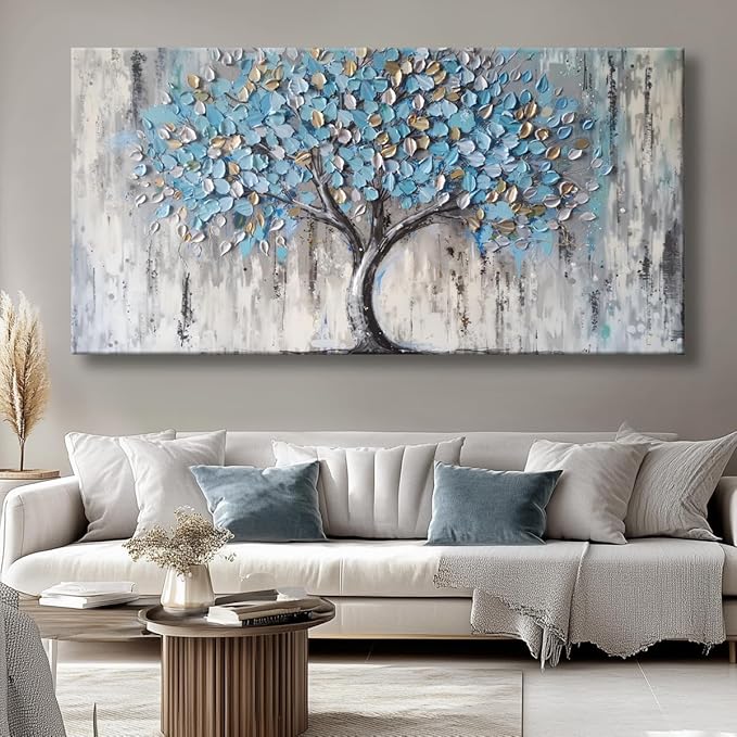 Blue Tree Canvas Wall Art - Modern Botanical Paintings for Living Room, Bedroom Wall Decor, Framed Wall Art for Home or Office Decoration, Large Wall Art 75x150cm(30x60in)