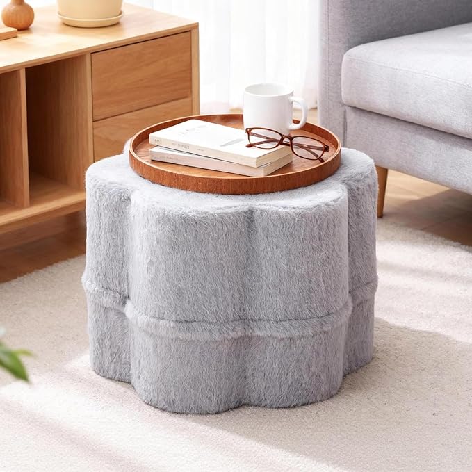 Tiita Floral Pouf Ottoman, Foot Stools Ottoman with Foam Chunk Filling, Puff Foot Rest for Couch, Living Room, Kids Room, Grey
