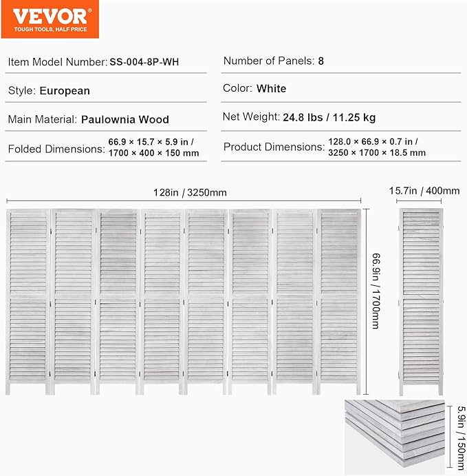 VEVOR Wood Room Divider, 8 Panel Wood Folding Privacy Screen, 66.9 Inches Tall Indoor Louvered Wooden Partition, Portable Decoration Screen, for Room Separation, Home, Office, Restaurant & Bedroom