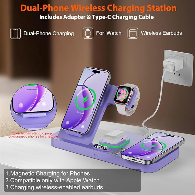 Dual Phone Magnetic Wireless Charging Station for Apple Devices/Apple Ecosystem,with Auto-Switch 7-Color Light & Clock, Compatible with iPhone 17/16/15, for iWatch 11/10/9 & AirPods Pro3（Puple
