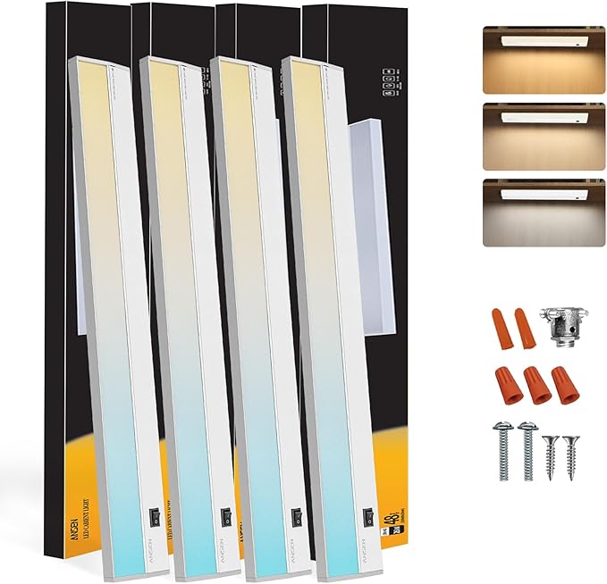 Ansen 4Packs of Under Cabinet Lighting Hardwired, 48IN 26W 1720LM, Dimmable Led Light for Kitchen/Bar/Closet, CRI>92, R9>90, 3 Color Temperature, 3000K/4000K/5000K(Warm White, Cool White, Daylight)