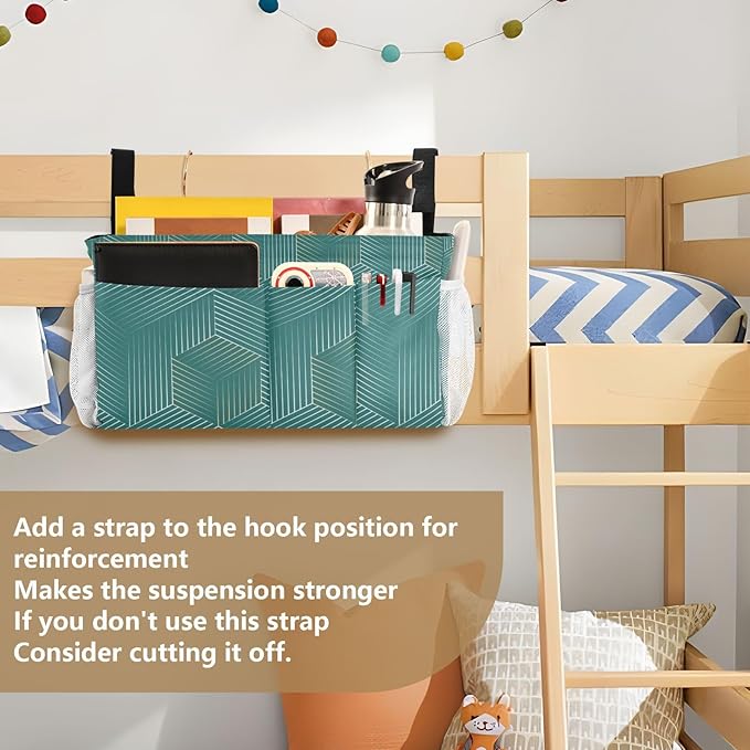 Bedside Caddy Hanging Bunk Bed Caddy Bed Organizer Hanging Pocket with 2 Hooks Bedside Storage Organizer Pocket Bag Holder Geometric Green