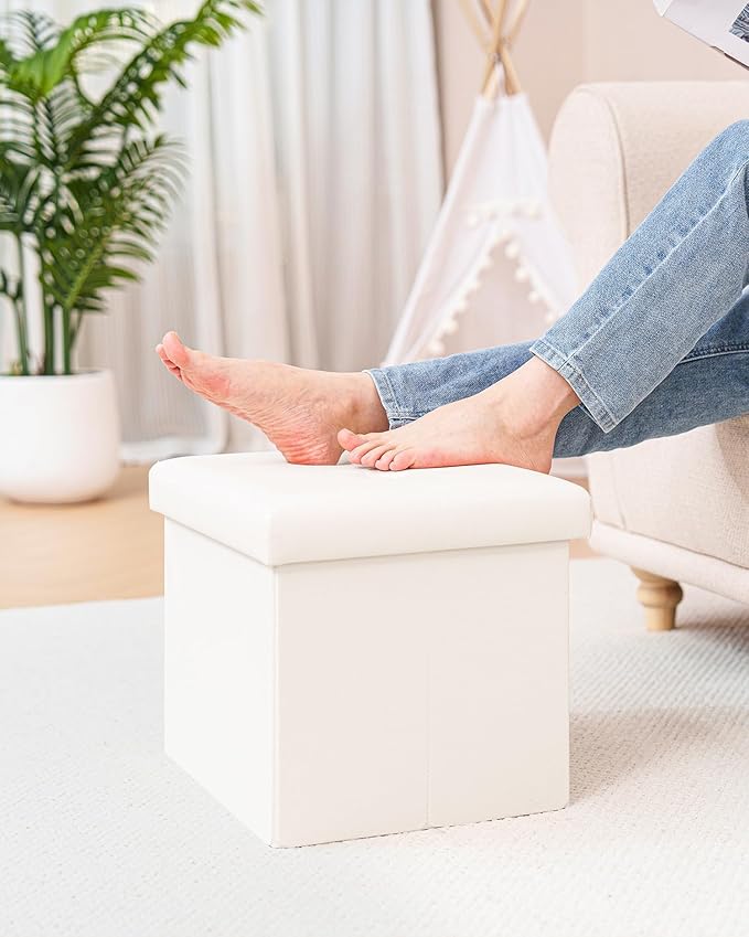 B FSOBEIIALEO Folding Storage Ottoman, Faux Leather Footrest Seat Coffee Table Toy Chest Kids, White 16.5"x12.6"x12.6"