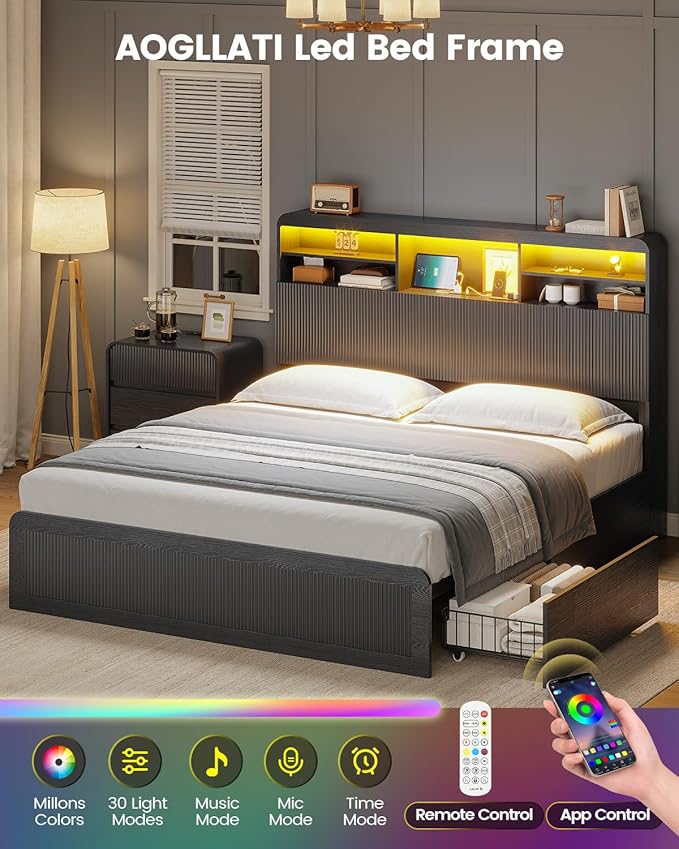 AOGLLATI Queen Bed Frame with 4 Storage Drawers and Hidden Storage Headboard, Black Led Fluted Bed Frame Queen Size with Charging Station and Curved Profile Design,No Box Spring Needed, Black