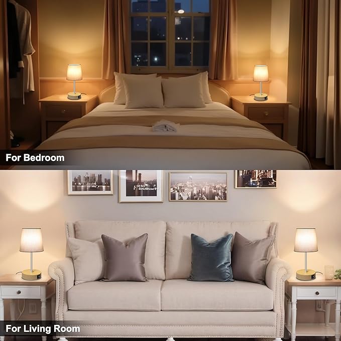 Ascher Small Bedside Table lamp Set of 2, RGB Color Changing Lamps, 3 Color Temperatures, Stepless Dimmable, Nightstand Lamp with USB C+A Ports for Bedroom Living Room, (Grey Shade, Wood Grain Base)