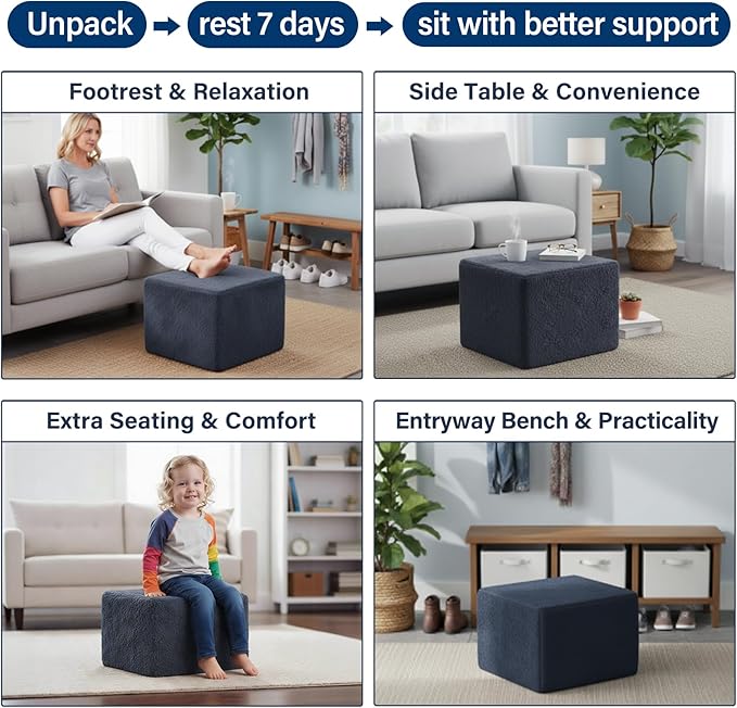 Tiita Stuffed Pouf Ottoman, Square Foot Stool Fluffy Floor Poufs Chair for Living Room Bedroom, Filled Boho Foot Rest for Couch, Blue-Grey