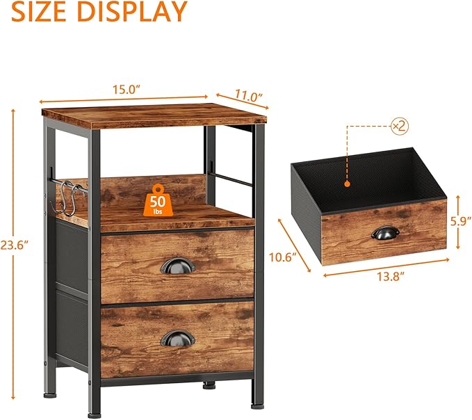 Furologee Night Stand Set of 2, Nightstand with 2 Fabric Drawers, Bed Side Table with Open Shelf, Wooden Top, Hooks, Backboard Design, End Table for Bedroom, Study, Hallway, Brown