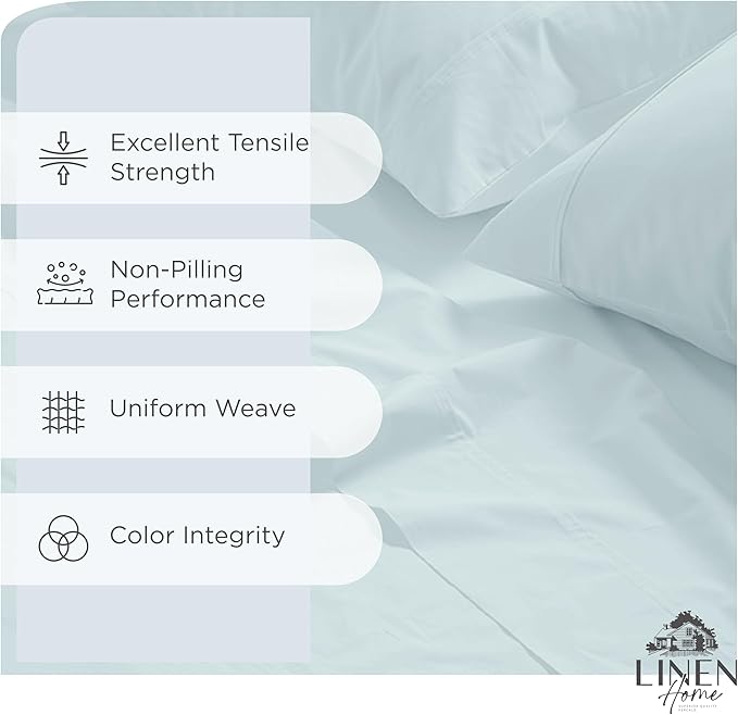 Linen Home 100% Cotton Percale Sheets Full Size, Blue Duck Egg, Deep Pocket, 4 Pieces Set - 1 Flat, 1 Deep Pocket Fitted Sheet and 2 Pillowcases, Crisp Cool and Strong Bed Linen