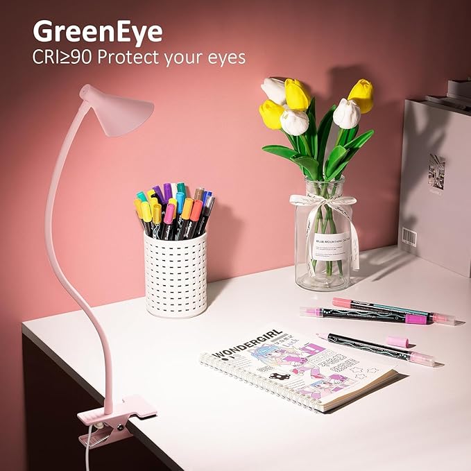 Clip on Light USB Reading Light, Eye Care Dimmable Reading Lamp Flexible Goose Neck Clip on Lamp for Bed Headboard Desk Bedside Dorm - Pink