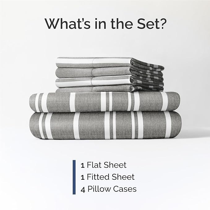 Full 6 Piece Sheet Set - Cooling, Comfy & Breathable - Hotel Luxury Bedding, Includes Fitted Sheet for Women, Men, Kids & Teens - 1 Flat, 1 Fitted Sheet, 4 Pillowcases w/Deep Pockets - Grey Stripes