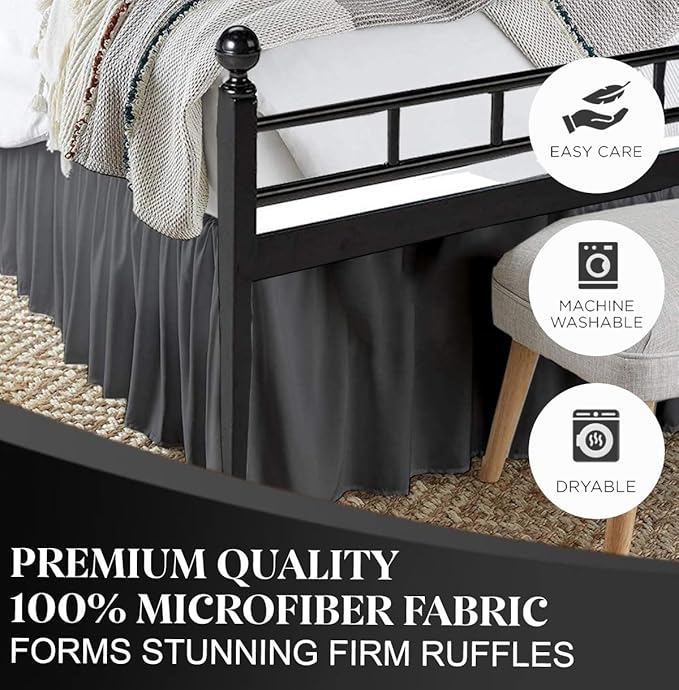 Ruffled Bed Skirt with Split Corners, Dark Grey, Full 18 Inch Drop Bedskirt, Hotel Quality Brushed Microfiber Wrinkle Free Dust Ruffle Bed Skirt Full Size