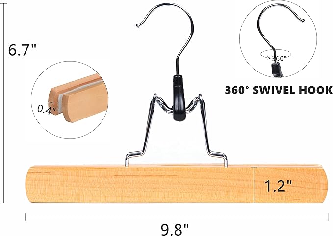 Amber Home 10 Pack Natural Wooden Pants Hangers, Wood Clamp Hangers with Non Slip Padded Velvet, Jeans/Slacks Hangers Hair Extension Hangers for Skirts, Trousers, Wigs (Natural, 10)