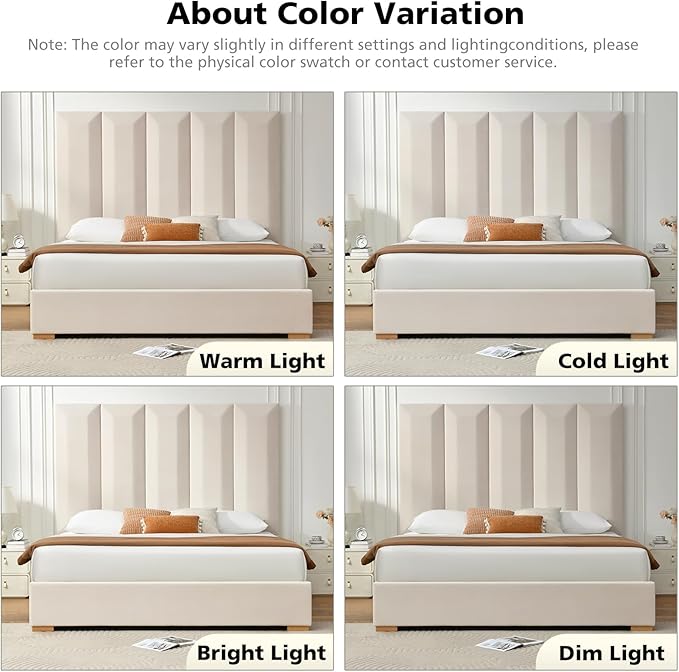 VELOCAVA King Size Upholstered Bed Frame with Extra Tall 71.5" 3D Geometric Headboard, Velvet-Like Fabric, 2 Storage Drawers, 45 Wooden Slats, Adjustable Center Support, No Box Spring Needed, Beige