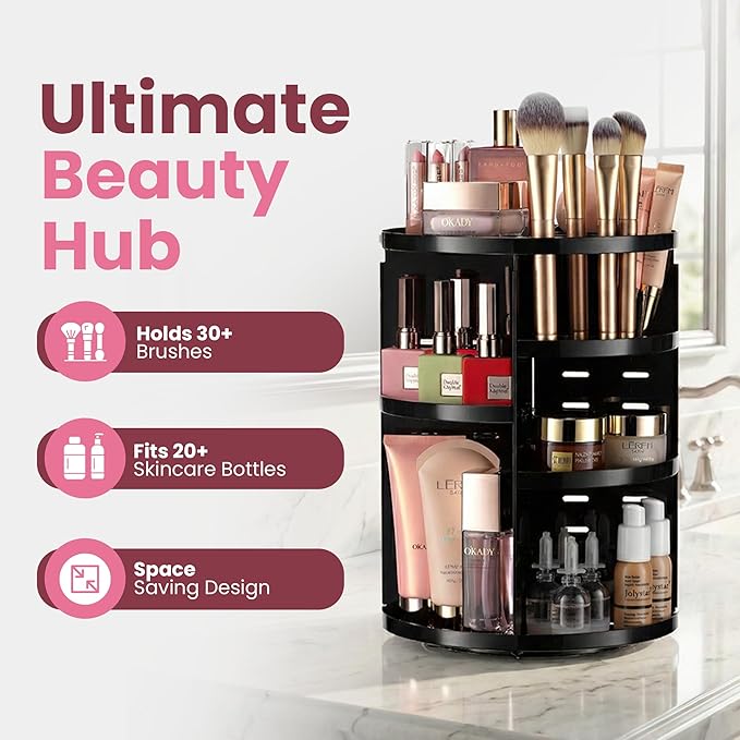 360 Rotating Makeup Organizer - Adjustable Shelf Height and Fully Rotatable. The Perfect Cosmetic Organizer for Bedroom Dresser or Vanity Countertop. (Black)