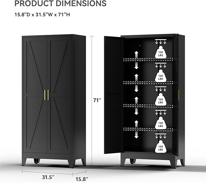 Farmhouse Pantry Cabinet with Barn Doors, 71" H x 31.5" W, 5-Tier Metal Storage Cabinet with 4 Adjustable Shelves for Kitchen Garage Dining Room, Black