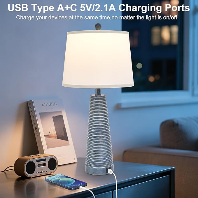Terpsichore Nightstand Lamp Bedside Lamps Vintage Rustic Farmhouse Table Lamp 3 Way Dimmable Horizontal Stripe Light,for Living Room Bedroom,USB A+C (Navy Blue (Single-Pack), High 27 Inch)