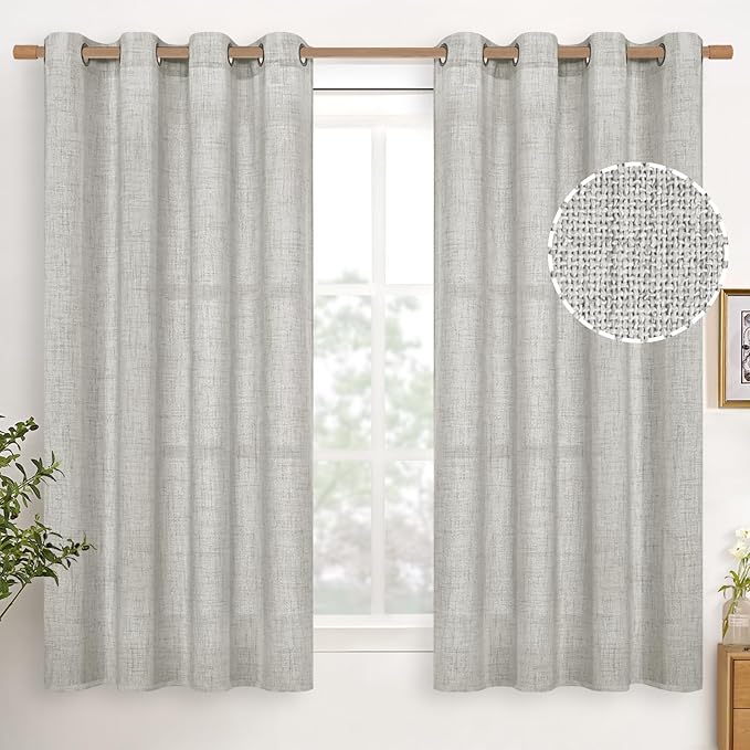 YoungsTex Light Grey Linen Curtains 45 Inches Long for Short Window, Textured Semi Sheer Drapes with Bronze Grommet Light Filtering for Kitchen Cafe Bathroom, 2 Panels, 52 X 45 Inch