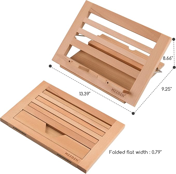 MEEDEN Book Stand with Page Holder Clips, Cookbook Holders for Reading Hands Free, Adjustable Foldable Solid Beechwood MacBook Stand for Laptop Textbook Bible File Documents - 13.39" x 9.25"